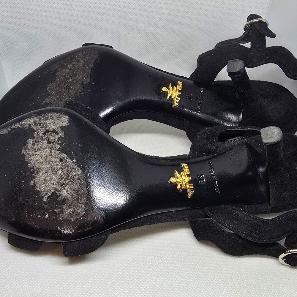 Prada Black Suede Sandals with Gold Logo Accent - Picture 4 of 4